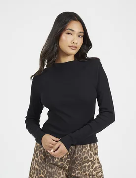 Womens Black Slash Neck Long Sleeve Ribbed Top - Size Small - Brave soul - FashionsVida
