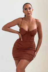 Womens Mesh Ruched Corset Strappy Bodycon Mini Dress - Chocolate - Size 6 Uk