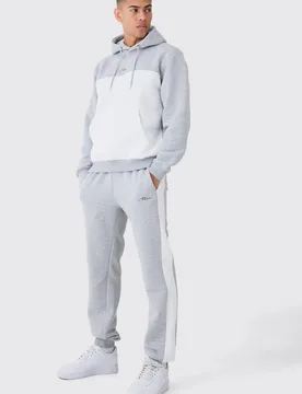 Herren Regular Fit Herren Signature Colour Block Kapuzen-Trainingsanzug Grey Marl Größe Medium - boohooMAN - FashionsVida