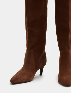 Suede Kitten Heel Knee High Boots Dark Tan female - M&S - FashionsVida