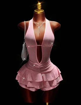 Mono brillante rosa para mujer, sexy y vanguardista, adecuado para una cita en el Día de San Valentín, mono con cuello halter, espalda descubierta, - Shein - FashionsVida