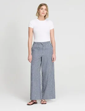 Pure Cotton Gingham Wide Leg Trousers Navy Mix female - Finery London - FashionsVida