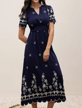 Vestido elegante de mujer azul marino con bordado floral, cuello en V, manga corta y cintura fruncida, atuendos bohemios para vacaciones de verano, ro - Shein - FashionsVida