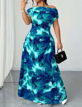 Vestido elegante con hombro asimétrico, cintura fruncida y estampado, talla grande 3XL - Shein - FashionsVida