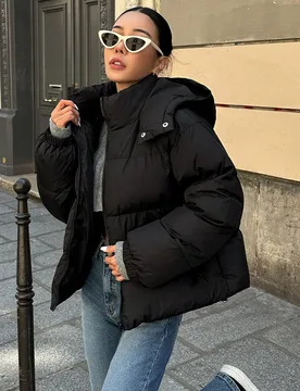 Chaqueta casual de invierno con capucha, cuello con cremallera y manga larga de unicolor para mujer S - Shein - FashionsVida