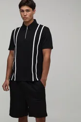 Herren Normal Geschnittenes Reißverschluss-Set Aus Gestreiftem Poloshirt Und Jersey-Shorts Black Größe Small