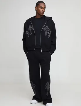 Mens Oversized Boxy Zip Through Cross Embroidered Wide Leg Tracksuit - Black Cotton - Size Medium - boohooMAN - FashionsVida