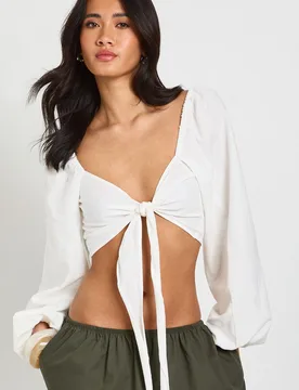 Womens Volume Sleeve Tie Front Linen Look Crop Top - White - Size 10 Uk - Boohoo - FashionsVida