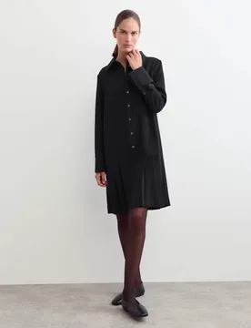 Crepe Pleated Button Front Shirt Dress Black female - Jaeger - FashionsVida