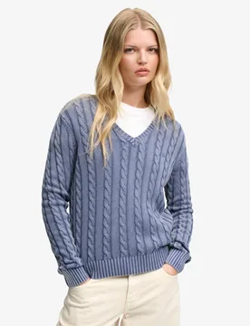 Superdry Damen Washed Cable Pullover mit Schmaler Passform Dark Blue - Größe: 34 - 74.99 - FashionsVida