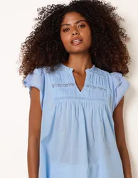 Cotton Embroidery Detail Ruffle Sleeve Top - S / BLUE - female