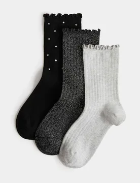 Pack Cotton Rich Ribbed Diamante Glitter Socks (6 Small-7 Large) Grey Mix female - M&S - FashionsVida