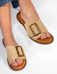 Suede Buckle Flat Mules Beige female