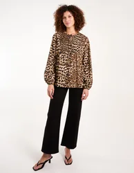 Leopard Print Shirred Front Tie Neck Blouse - M / BROWN - female