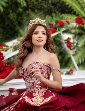 Impressive Red Quinceanera Dress Golden Glitter Crystal Decal Long tail off-shoulder Layering Vestidos De 15 Quinceanera ﻿Custom - Aliexpress - FashionsVida