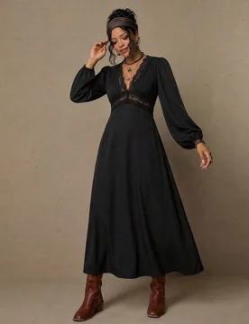 Vestido Maxi Elegante Vintage Boho Negro con Escote en V Profundo, Ribete de Encaje, Manga Larga Tipo Linterna, Cintura Imperio, Fluido, para Fiesta, - Shein - FashionsVida