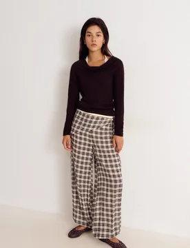 Pantalón ancho de mujer de cuadros con pañuelo - Brownie - FashionsVida