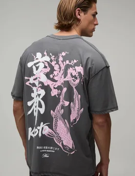 Herren Anthrazitfarbenes Übergroßes T-Shirt Mit Kyoto-Druck Und Sichtbaren Nähten Charcoal Größe 4XL - boohooMAN - FashionsVida