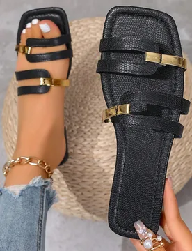 Sandalias planas de moda para mujer, nuevas de verano, con punta cuadrada, rayas doradas y diseño calado, para uso casual, vacaciones, diario y playa - Shein - FashionsVida