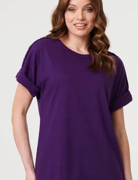 Women's Button Trim Short Sleeve Relaxed Top in Purple Size: 10 - Purple - Size: 10 - Izabel London - FashionsVida