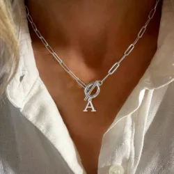 Pieza Collar con colgante de letra en cadena de acero inoxidable con clip de papel en forma de T, para mujer K