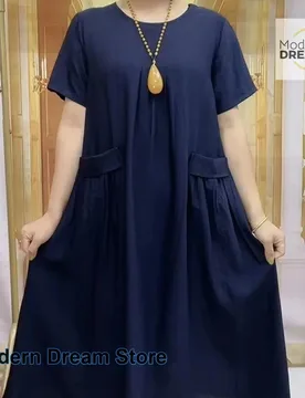 Plus size summer dress for chubby mom, pure color loose dress for middle-aged and elderly women, new large pocket straight skirt - Aliexpress - FashionsVida