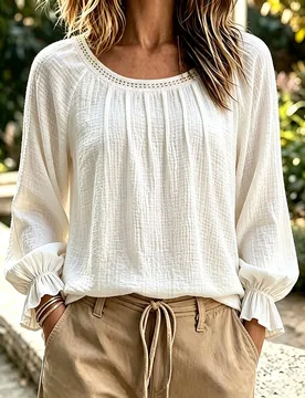 Blusa de mujer de otoño nueva de algodón puro con cuello de encaje texturizado y diseño plisado, color blanco roto, camisa holgada casual estilo bo - Shein - FashionsVida
